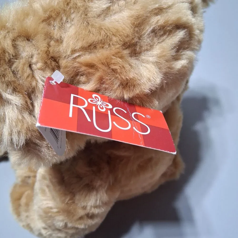 Russ Berrie Ellington Brown Plush Teddy Bear Red Plaid Ribbon Bow NWT